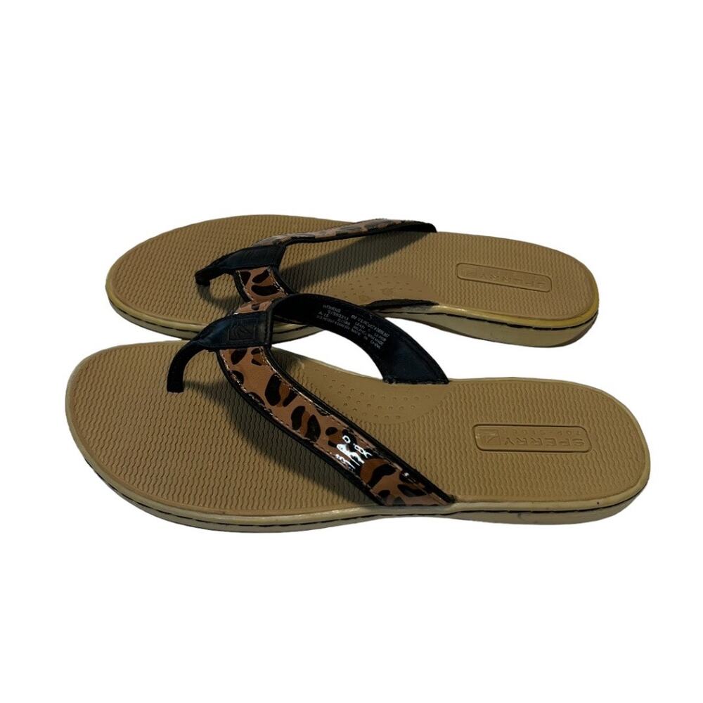 Sperry Top Sider Leather Flip Flop Sandals Tan Black Leopard Print Size 8m Comfy - Picture 7 of 15